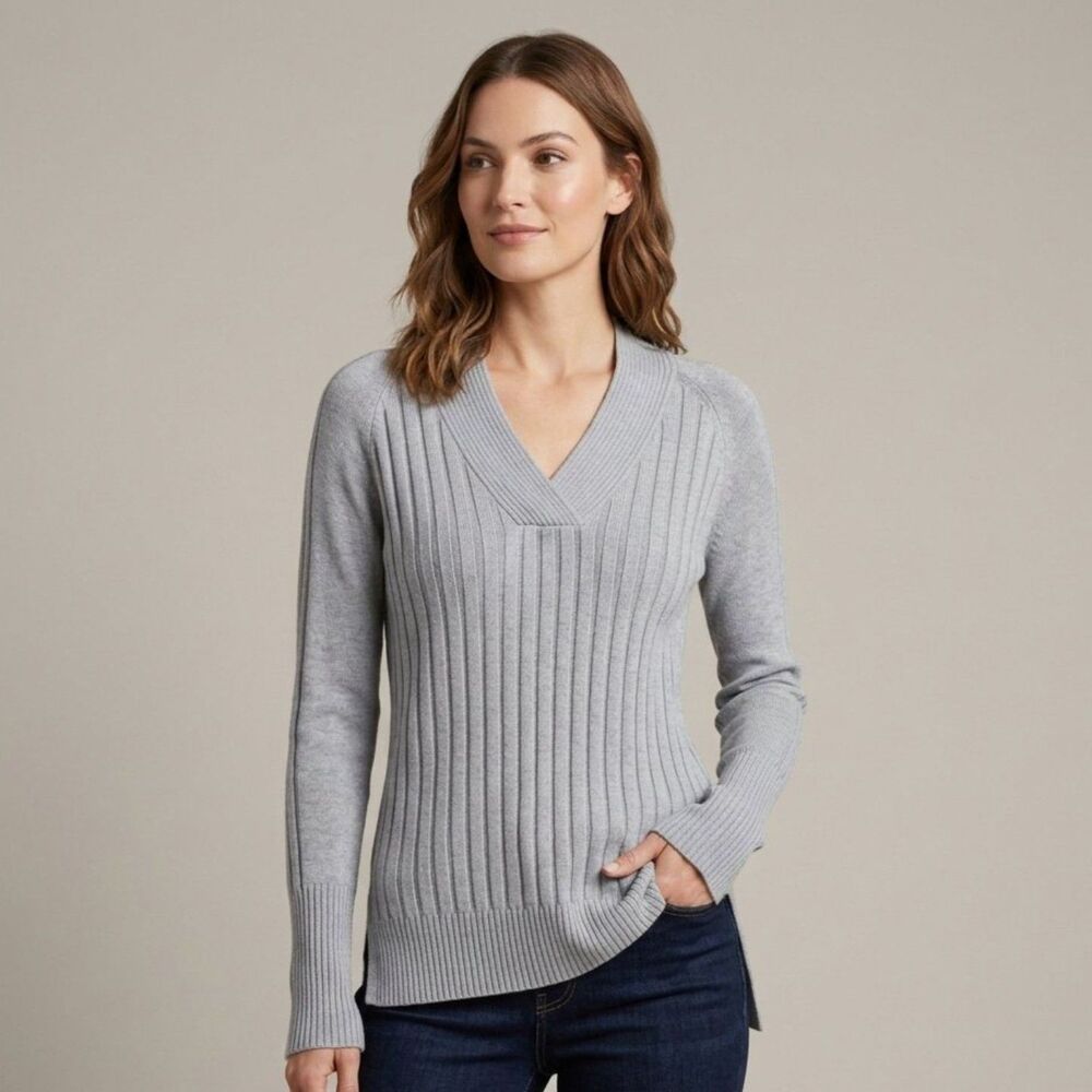 WHBM | Ribbed Gray Tunic Sweater Cashmere Blend Quiet Luxury Minimalist Chic S